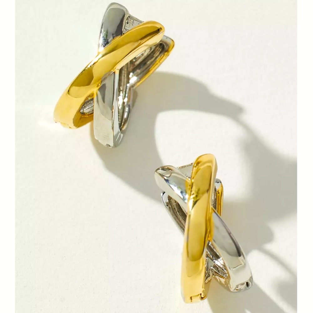 Anthropologie Twisted Mixed Metal Hoop Earrings gold /silver cross over
